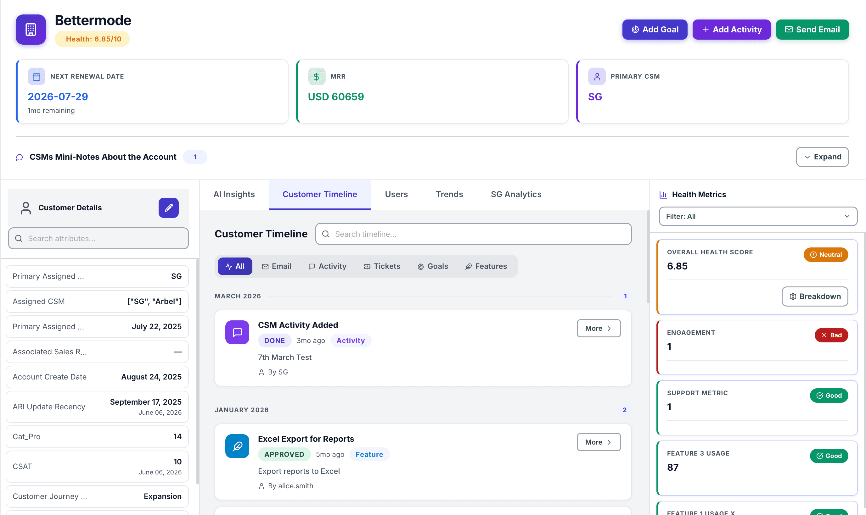 SuccessGuardian customer 360 view showing the account summary bar, account details, customer timeline, and health metrics